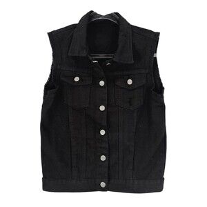 VIEWON Women's Denim Waistcoat Frayed Sleeveless Vest S Black Pockets NWT B2